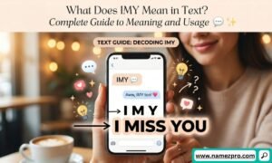 Graphic displaying text decoding IMY to I Miss You on a smartphone held by a woman in a cafe.