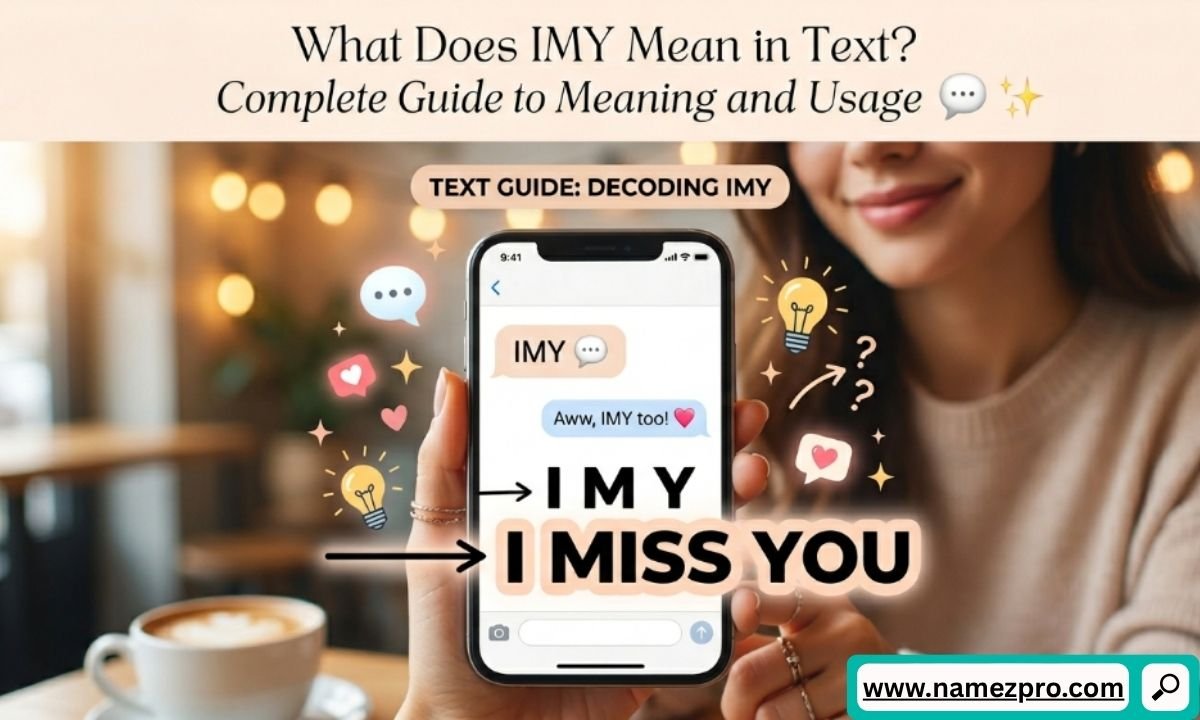 Graphic displaying text decoding IMY to I Miss You on a smartphone held by a woman in a cafe.