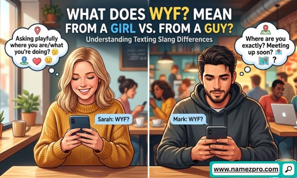 Split-screen graphic showing a guy and a girl texting on smartphones with a WYF text message bubble icon