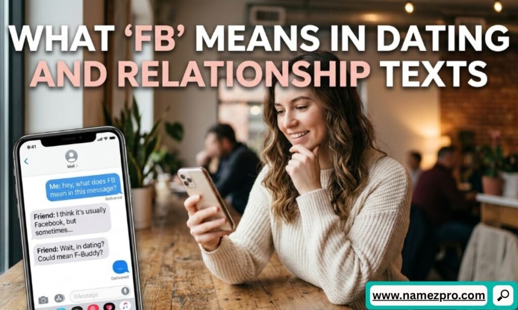 A woman smiling while sitting at a wooden table in a cafe, next to a smartphone screen overlay showing a chat about the meaning of FB in dating.