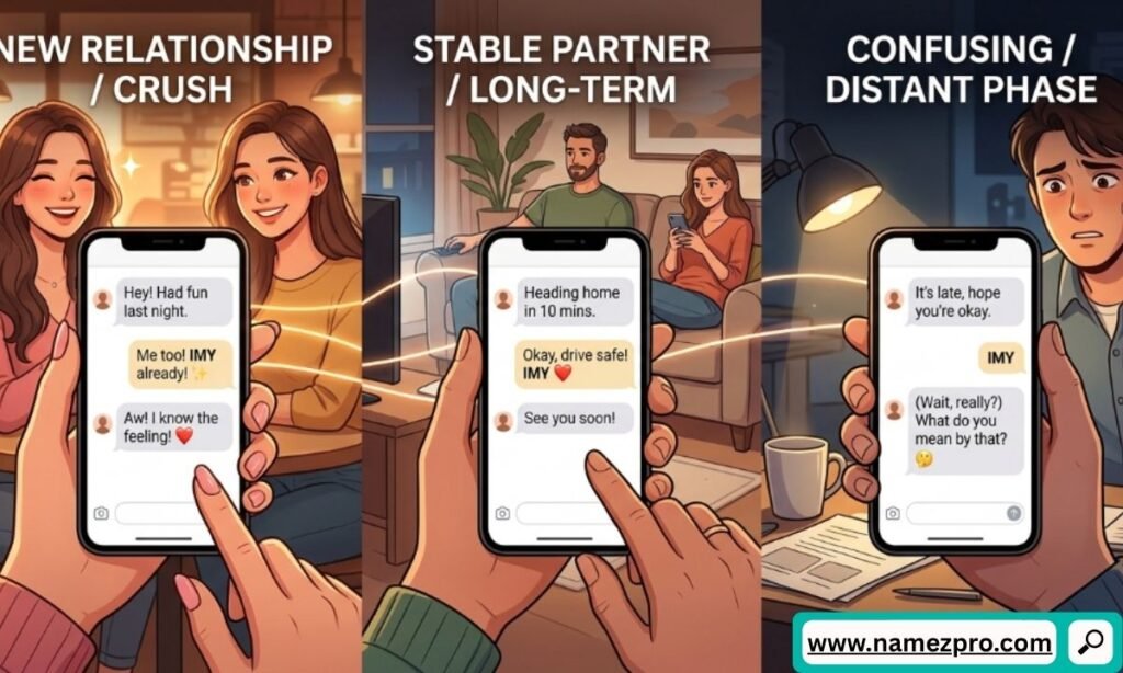 Three-panel illustration showing IMY text messages used in a new crush phase, long-term relationship, and a confusing phase.