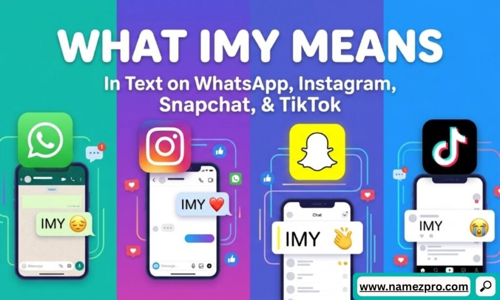 Four smartphones displaying IMY text messages alongside icons for WhatsApp, Instagram, Snapchat, and TikTok apps.