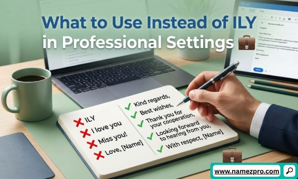 A professional laptop screen showing a formal email draft with polite alternatives to the ILY acronym in a workspace layout.