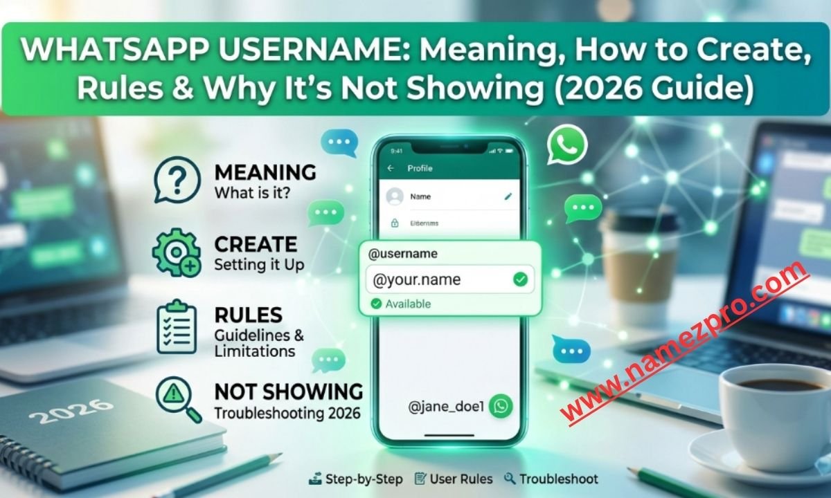 A smartphone showing a WhatsApp profile username configuration on a tech workspace desk with laptops and coffee.