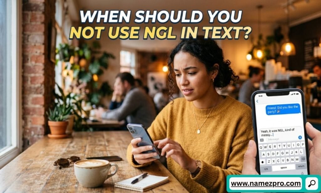 A formal corporate email draft alongside a red warning icon, illustrating where not to use the acronym NGL.