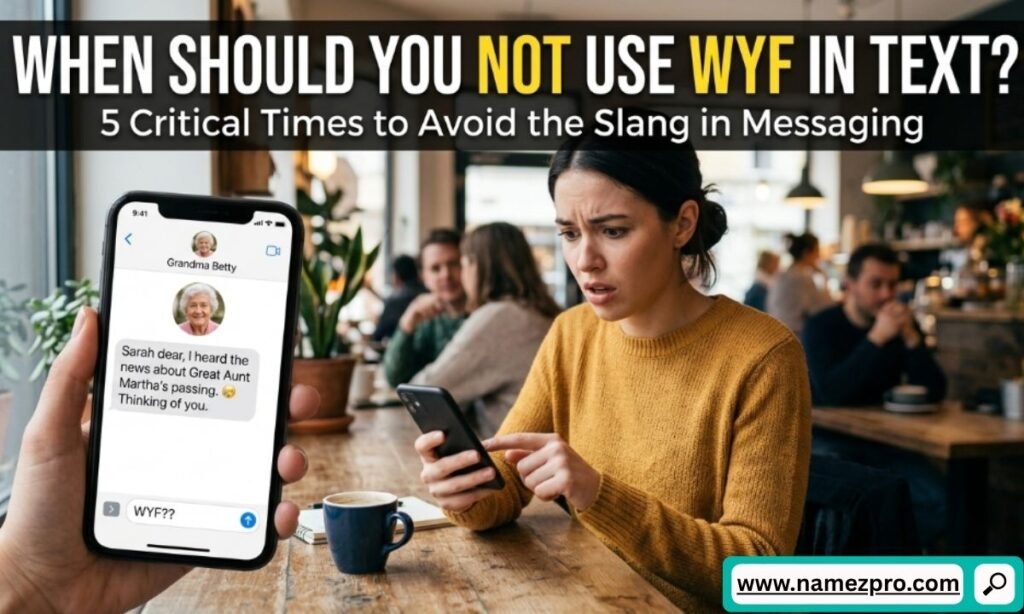 Split graphic comparing a casual smartphone text chat with a formal business email overlay showing a red cross over WYF text slang