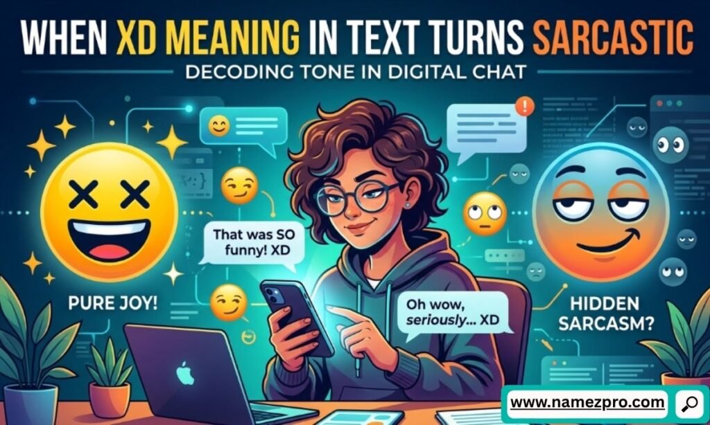 XD meaning in text used sarcastically in a chat conversation with emojis and messaging app interface