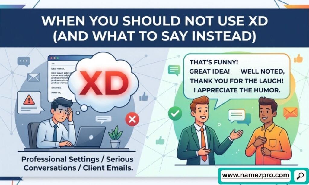 When not to use XD in text messages with alternative responses shown in a modern chat conversation