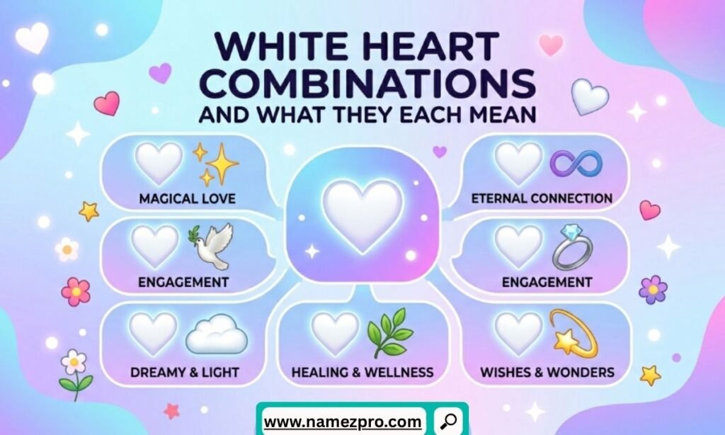 White heart emoji combinations and meanings shown with paired symbols like dove, sparkles, and black heart