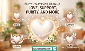 White heart emoji meaning shown with symbols of love, purity, and emotional support on screen