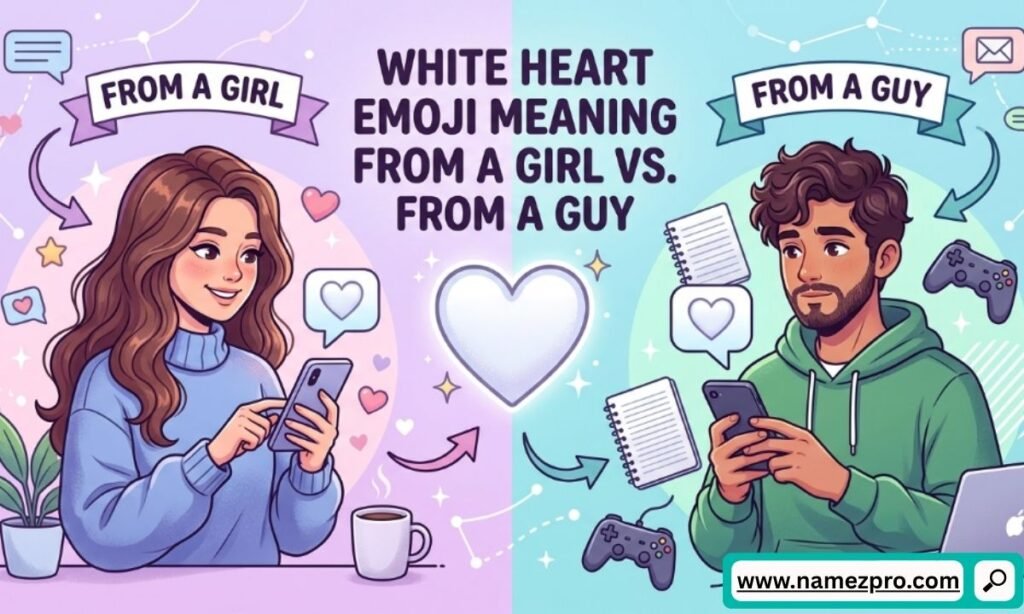 
White heart emoji meaning from a girl vs from a guy shown through phone chat bubbles and soft pink tones