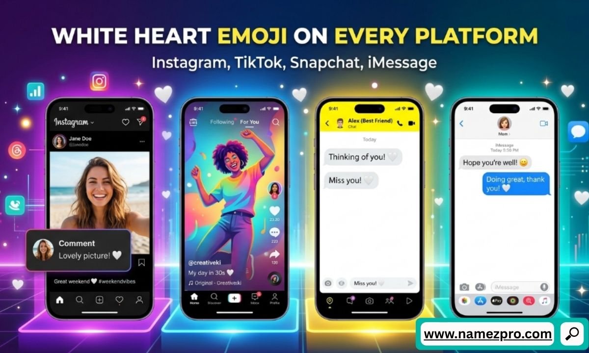 White heart emoji meaning across Instagram, TikTok, Snapchat and iMessage shown on colorful app screens