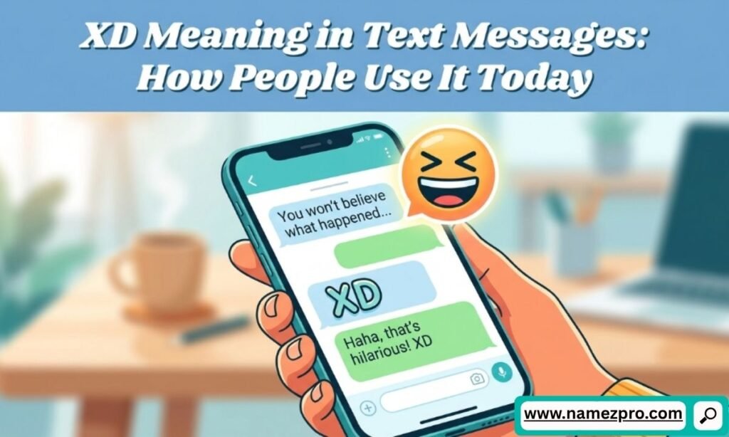 XD meaning in text messages shown in a modern chat conversation with laughing emoji and messaging app interface