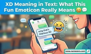 XD meaning in text message with laughing emoticon, chat bubbles, and social media conversation icons