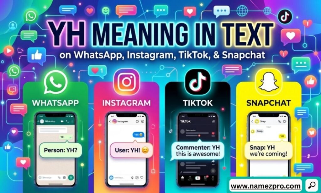 Grid of mobile app screens showcasing YH meaning in text within messaging interfaces for WhatsApp, Instagram, Snapchat, and TikTok.