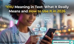 A close-up shot of a smartphone screen showing a text conversation with the trending slang acronym yhu highlighted in a chat bubble.