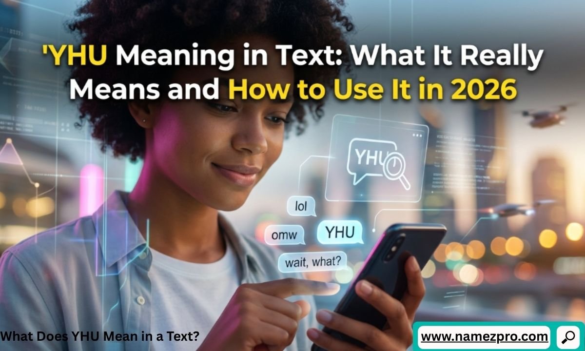 A close-up shot of a smartphone screen showing a text conversation with the trending slang acronym yhu highlighted in a chat bubble.