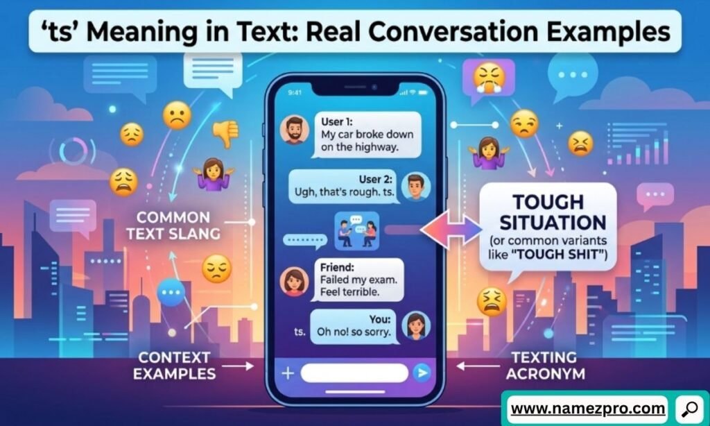 Message bubbles showing real text examples of ts used as this shit, tough shit, and talk soon.