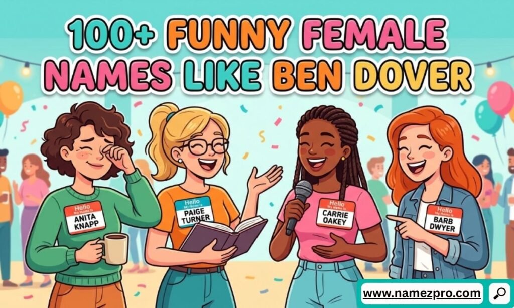 Four laughing cartoon women wearing nametags with funny pun names like Anita Knapp and Paige Turner at a party.