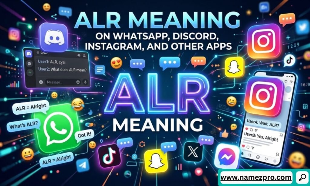 Vibrant infographic with floating social media icons and chat bubbles explaining ALR meaning across different apps.