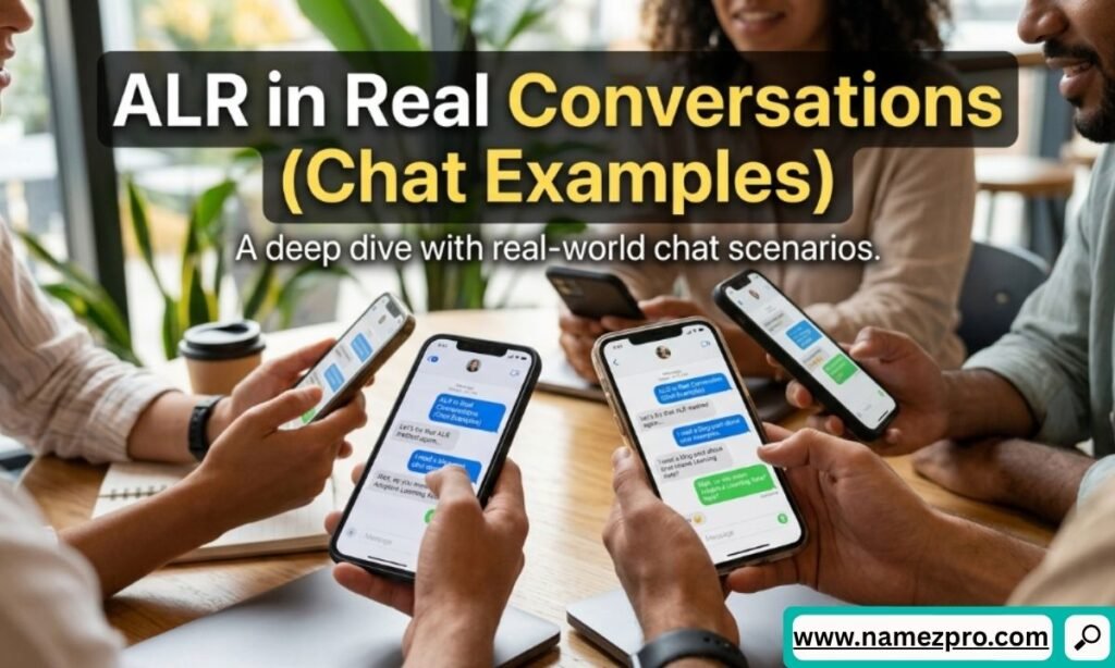 Four people sitting around a wooden table holding smartphones displaying message bubbles with ALR chat examples.