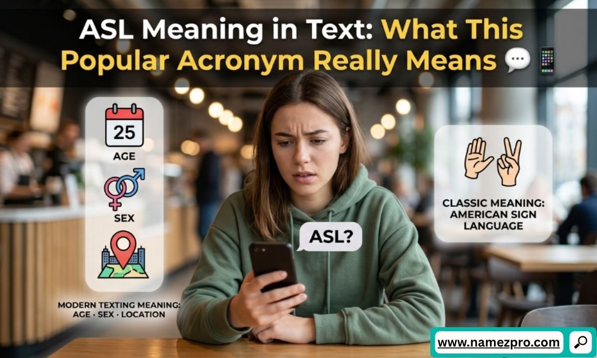 Confused woman looking at her phone with an infographic comparing ASL meaning in text as age, sex, and location.