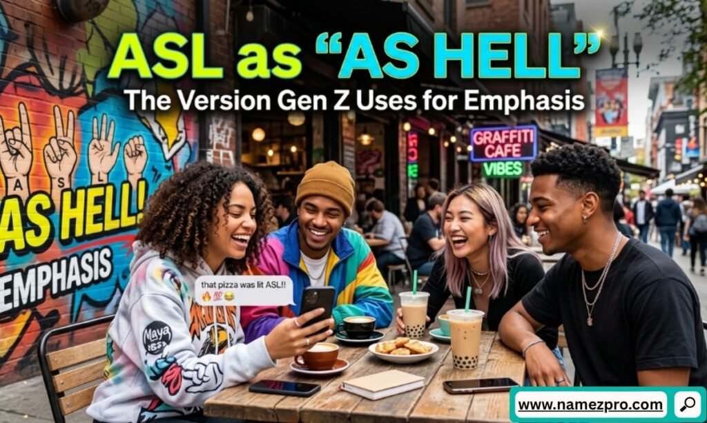 Friends laughing at an outdoor cafe table next to a colorful graffiti wall explaining ASL as as hell slang.