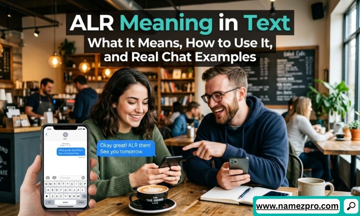 Smiling man and woman looking at a smartphone screen next to an iMessage chat mockup displaying the acronym ALR.