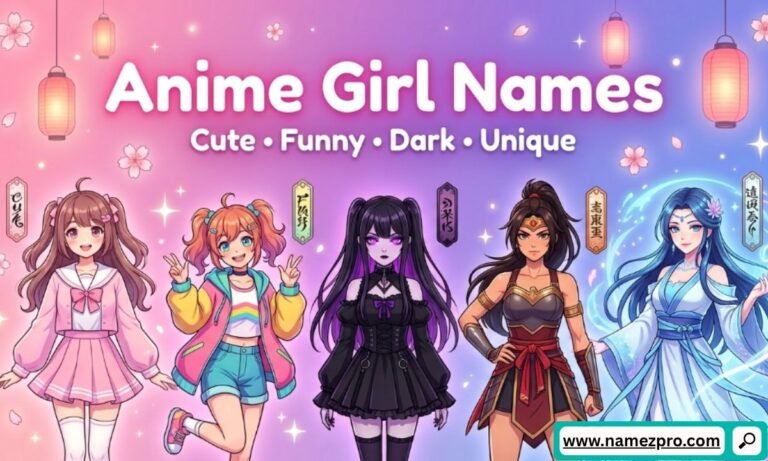 Five diverse anime girl characters standing in a row against a pink and purple background with glowing lanterns, under a text overlay that reads Anime Girl Names Cute Funny Dark Unique.