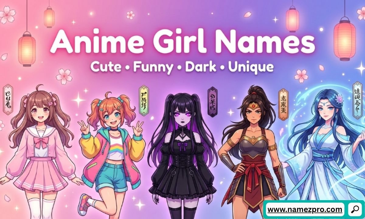 Five diverse anime girl characters standing in a row against a pink and purple background with glowing lanterns, under a text overlay that reads Anime Girl Names Cute Funny Dark Unique.