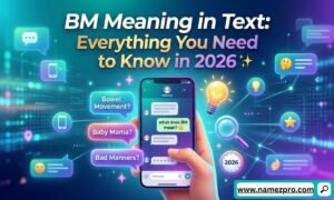 A hand holding a smartphone showing a chat screen with text bubbles asking for the definition of the abbreviation BM.