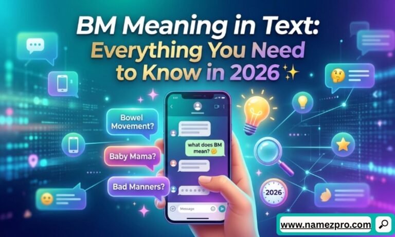 A hand holding a smartphone showing a chat screen with text bubbles asking for the definition of the abbreviation BM.