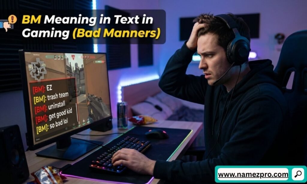 Frustrated gamer wearing headphones looking at a computer monitor displaying toxic chat messages labeled with BM.