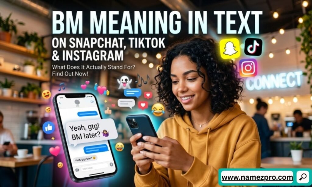 Smiling woman in a cafe texting next to a smartphone screen displaying a chat bubble about BM meaning in text.