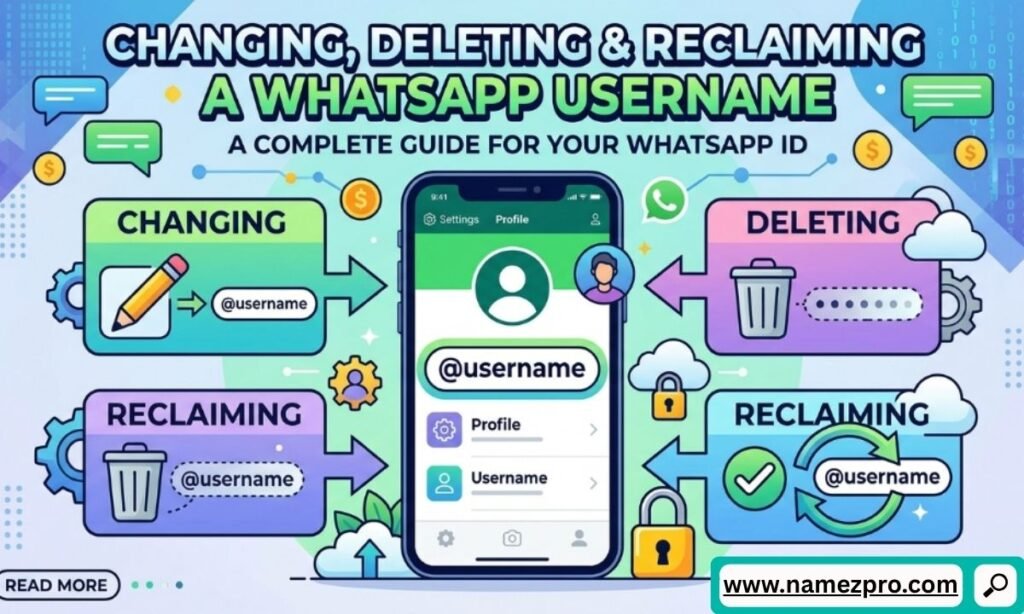 Infographic diagram with four boxes explaining how to change, delete, and reclaim a WhatsApp username on a smartphone.