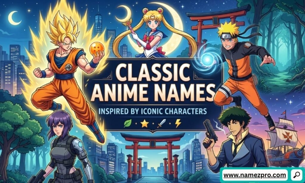 Five iconic anime characters—Goku powering up, Sailor Moon holding a wand, Naruto charging a Rasengan, Motoko Kusanagi in tactical gear, and Spike Spiegel holding a gun—surrounding a central banner that reads Classic Anime Names Inspired by Iconic Characters.