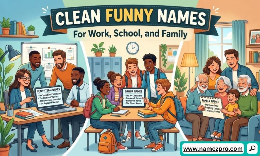 Split cartoon illustration showing happy groups at work, school, and home under a Clean Funny Names banner.