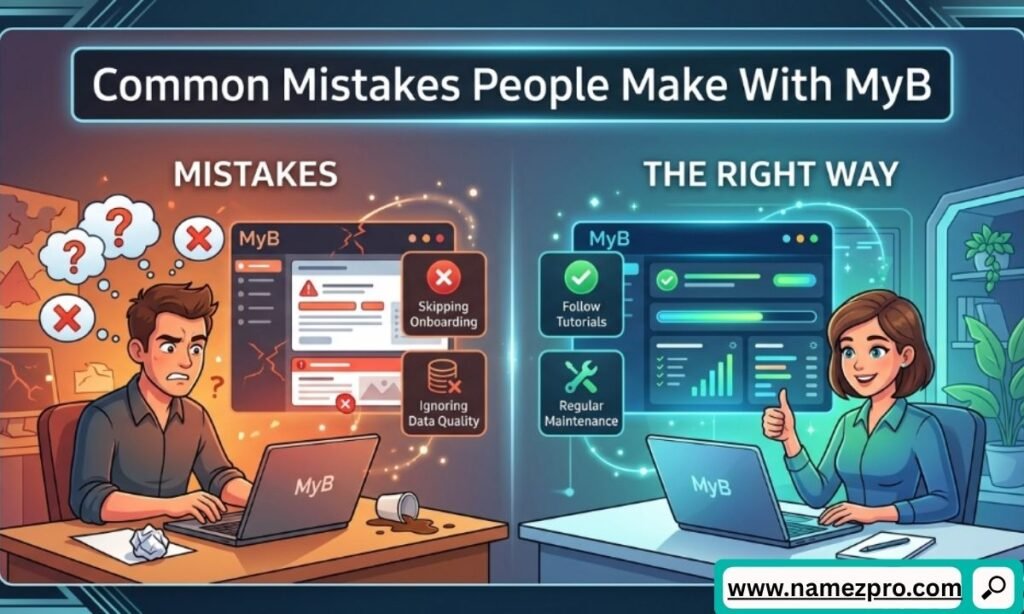 Split cartoon showing a frustrated man making errors versus a smiling woman using MyB software dashboard correctly.