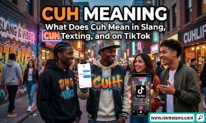 A group of friends on a city street holding phones with a text chat and TikTok, explaining the slang word Cuh.