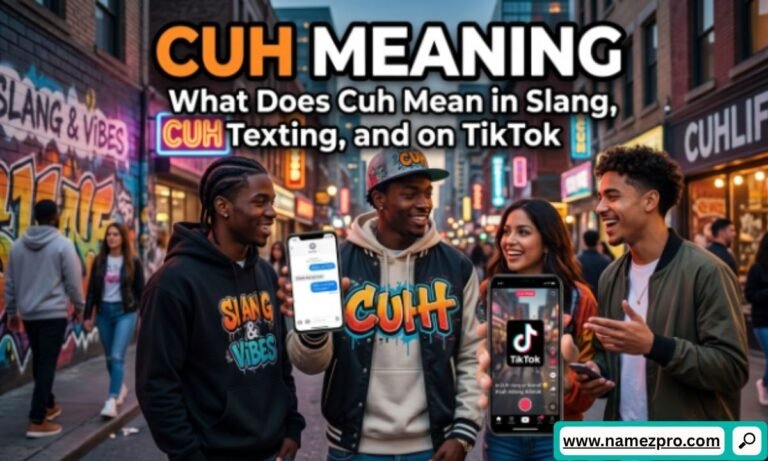 A group of friends on a city street holding phones with a text chat and TikTok, explaining the slang word Cuh.