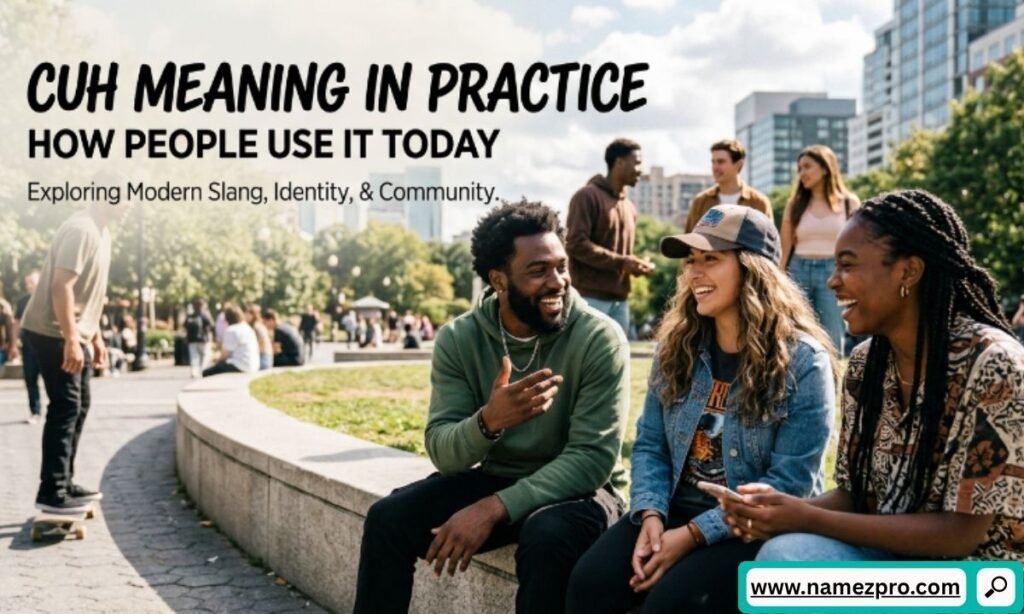 Friends laughing together in a sunny city park next to a text overlay exploring modern slang, identity, and community.