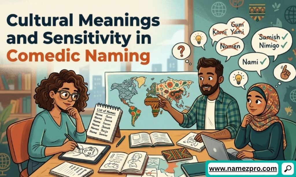 Diverse group of creators at a desk studying a world map to check cultural meanings and sensitivity in naming.