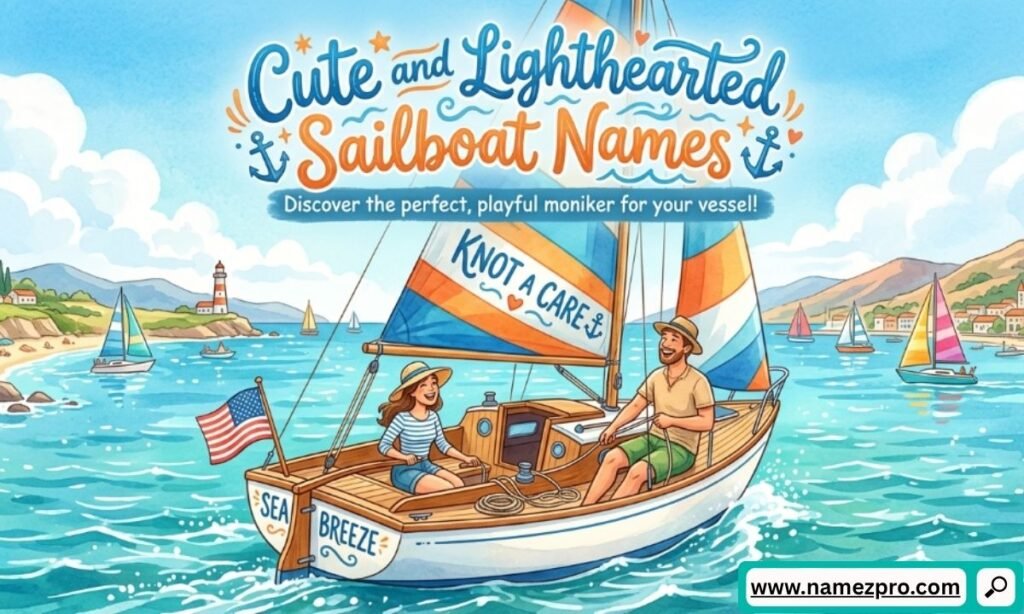 Illustrated man and woman smiling on a small sailboat named Sea Breeze with a sail reading Knot a Care.