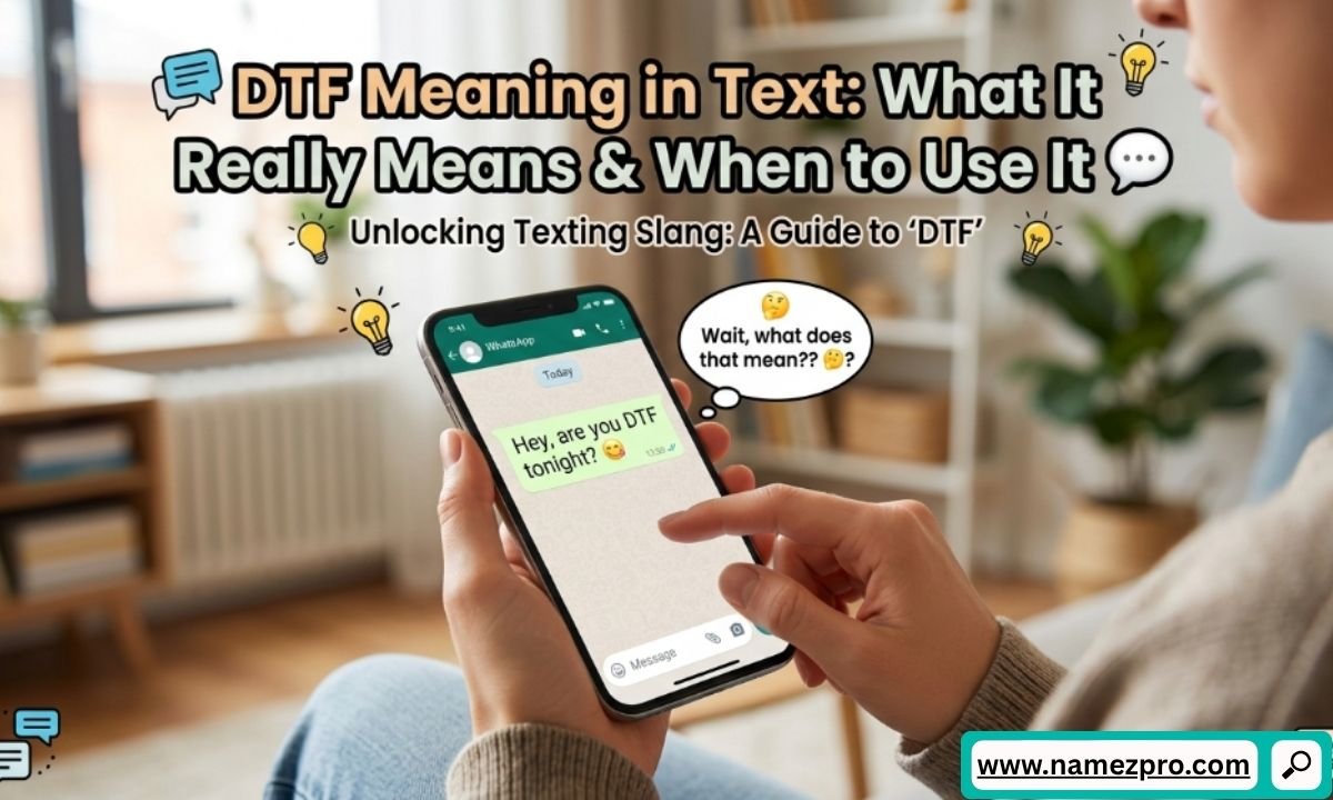 A person holding a smartphone showing a WhatsApp message that says Hey are you DTF tonight, next to a text overlay explaining DTF meaning in text.