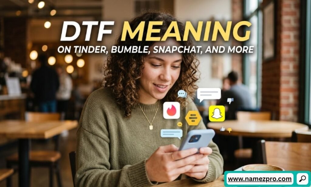 A woman looking at her smartphone in a cafe with a text overlay about DTF meaning on Tinder, Bumble, Snapchat, and more, surrounded by floating app icons.