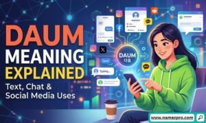 A woman using her phone with a laptop nearby, surrounded by social media icons and text bubbles explaining Daum meaning in text, chat, and social media.