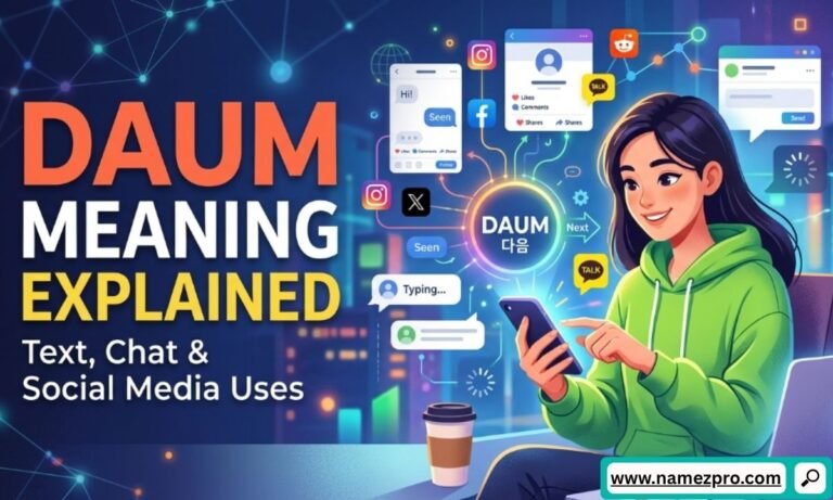 A woman using her phone with a laptop nearby, surrounded by social media icons and text bubbles explaining Daum meaning in text, chat, and social media.