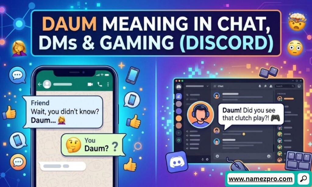 An infographic comparing text bubbles on a mobile screen and a Discord chat window on a computer, explaining Daum meaning in chat, DMs, and gaming.