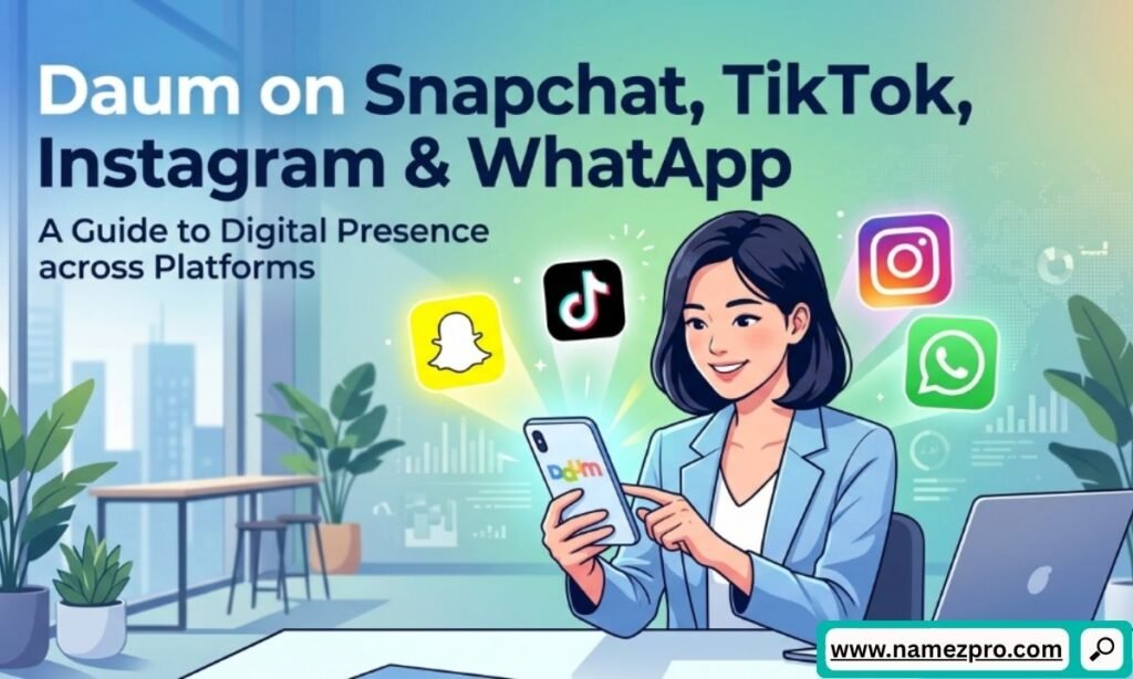 A businesswoman using her mobile phone at an office desk next to a laptop, with Snapchat, TikTok, Instagram, and WhatsApp logos appearing above the device.
