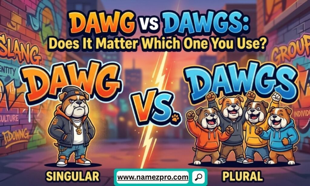 Split image comparing a single cartoon bulldog under DAWG singular and a group of bulldogs under DAWGS plural.